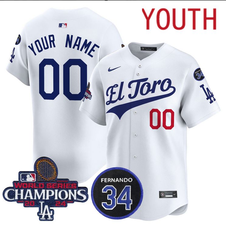Youth MLB Los Angeles Dodgers Custom white 2024 World Series Champions Patch Cooperstown Jersey ->customized mlb jersey->Custom Jersey